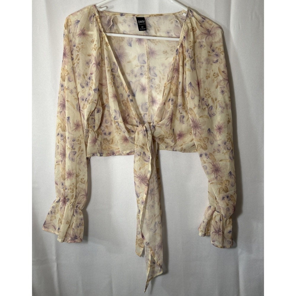 Dazy Sheer Floral Tie Front Crop Top Women's Cream Purple Cottagecore Boho L